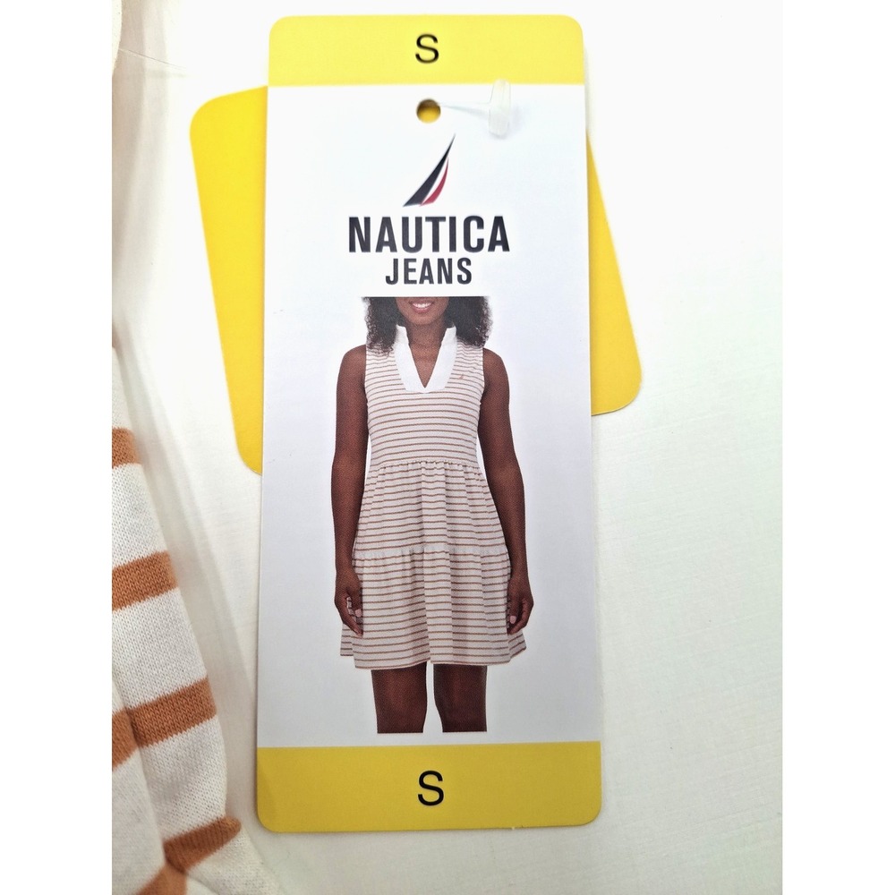 Nautica Jeans Womens Tiered Dress Almond Ivory Striped Sleeveless V-Neck Small